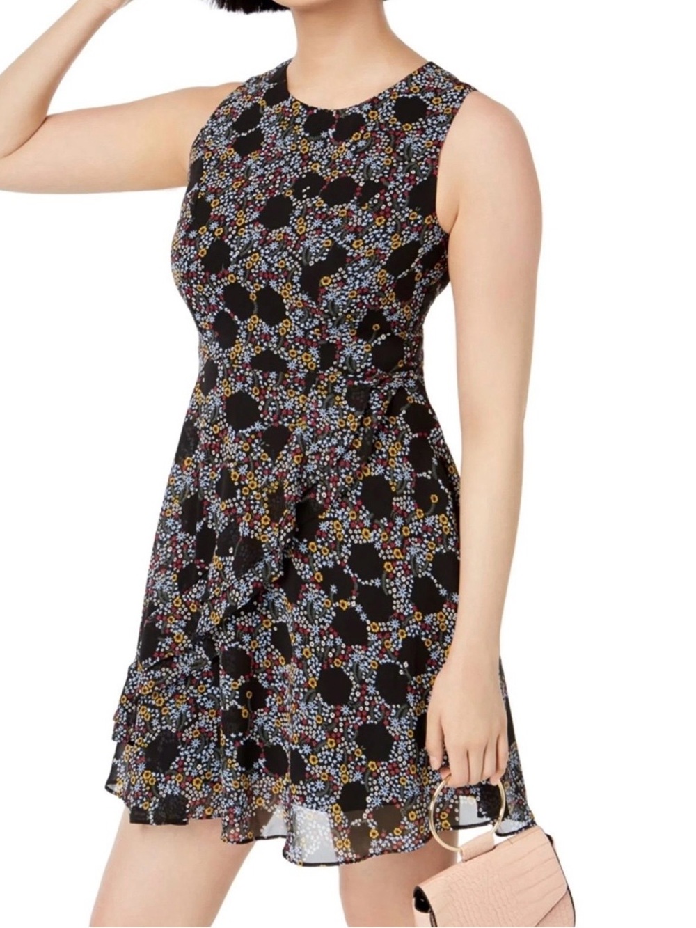 Maison Jules Black Floral Fit-and-Flare Sleeveless Dress, size 0